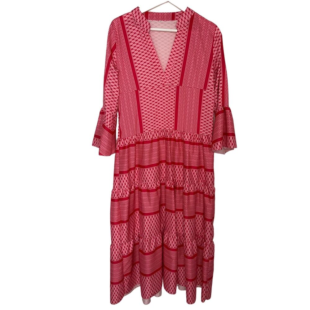 Pink Maxi Dress Bell Sleeve and tiered flowing bottom SZ M